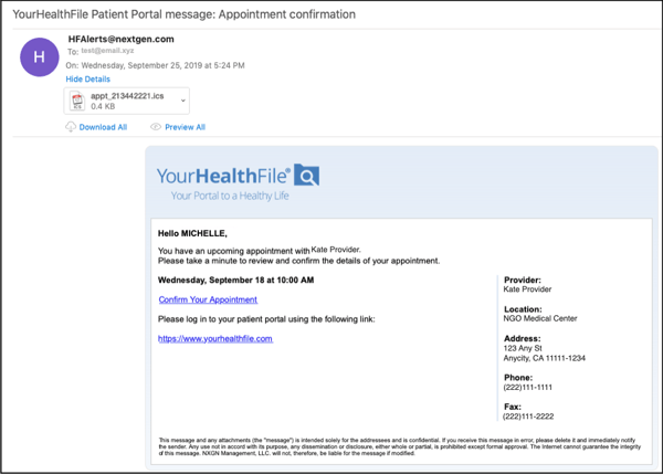 Emailed appointment reminder from NextGen Office cloud emr