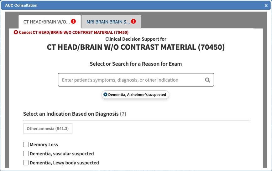 The CareSelect AUC opens in NextGen Office and you're prompted to select a diagnosis