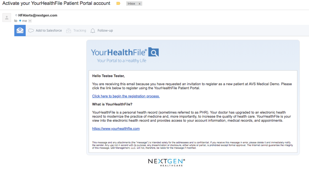 Patient Portal Self Registration Email