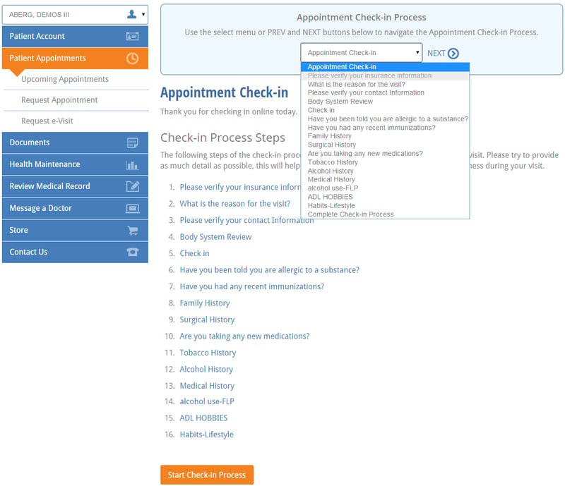 start check in process at the nextgen office patient portal
