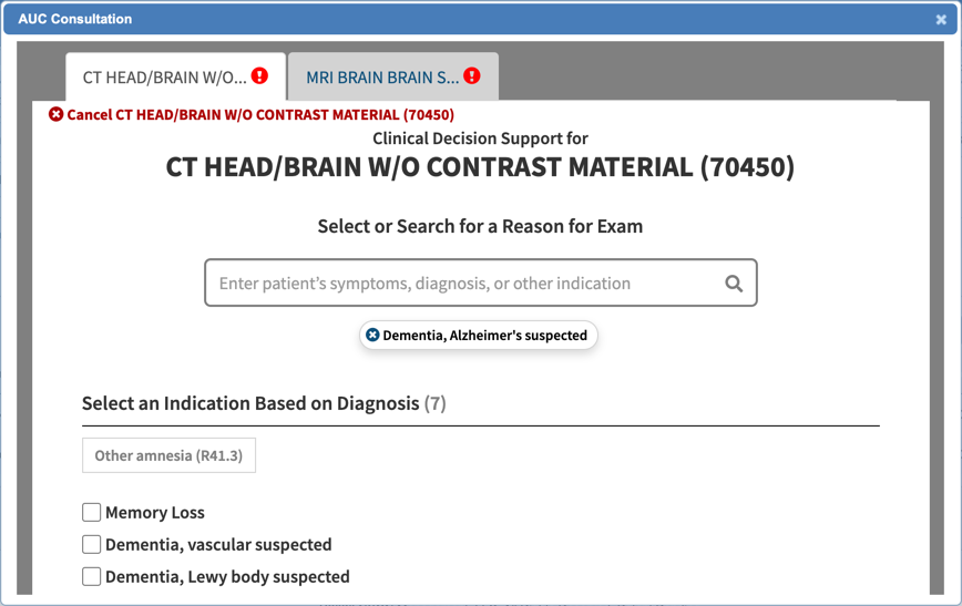The CareSelect AUC opens in NextGen Office and you're prompted to select a diagnosis