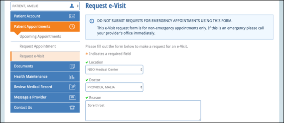Request a telemedicine visit from the patient portal